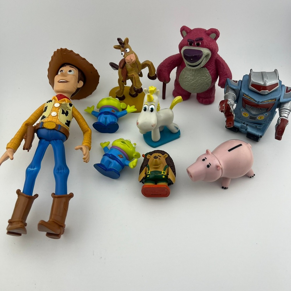 Toy Story Toy Figure Lot 9 Woody Lotso Bullseye Aliens Hamm Played With